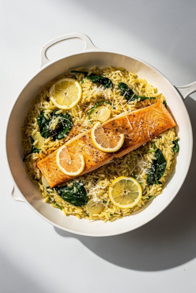 One Skillet Salmon with Lemon Orzo Recipe