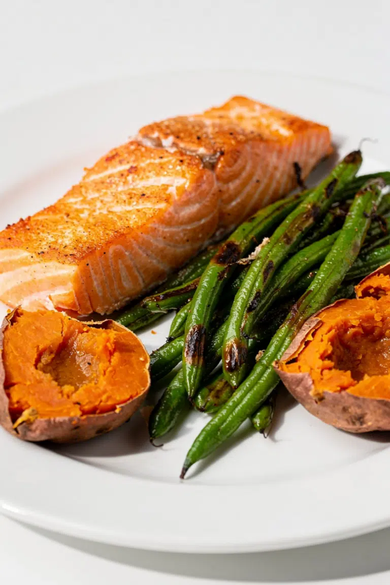Pan-Seared Salmon with Green Beans & Baked Sweet Potato