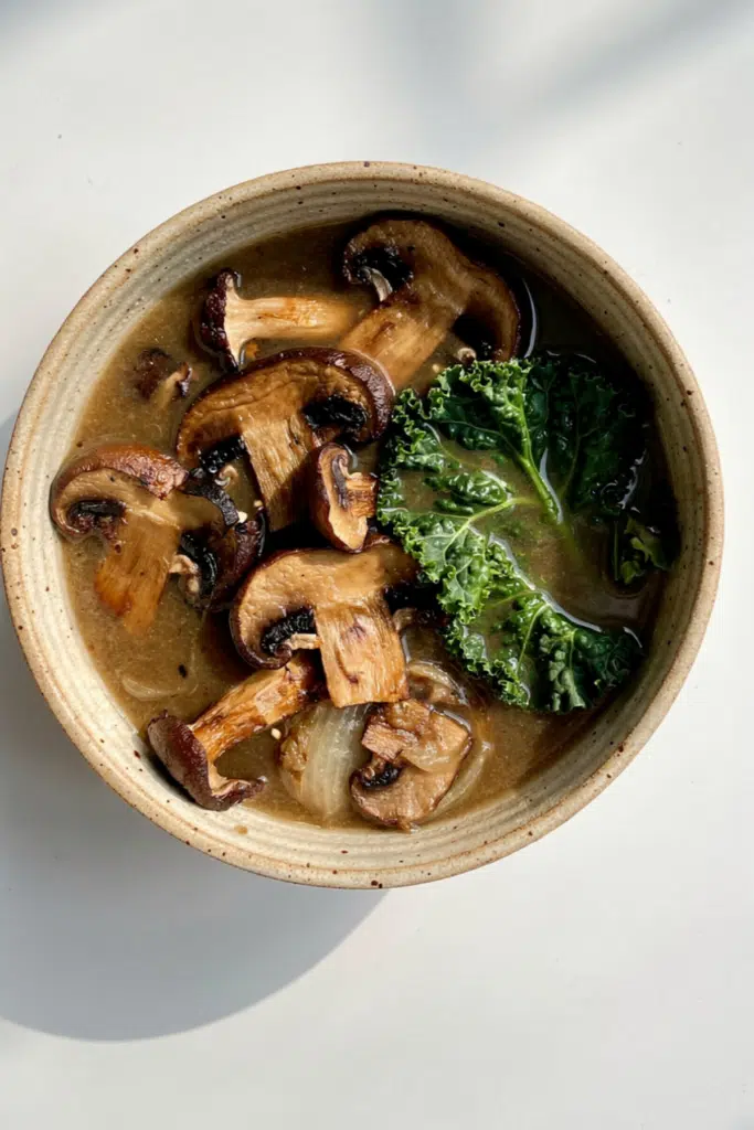 Wild Mushroom, Caramelized Onion, and Kale Soup