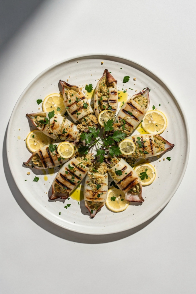 Grilled Stuffed Calamari with Lemon Herb Dressing