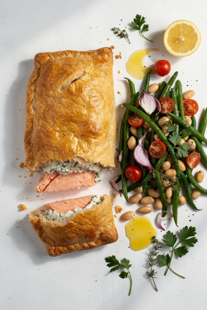 Salmon En Croute with Warm Bean Salad